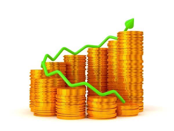 Zysk: zielony wykres na złote monety stosy — Zdjęcie stockowe