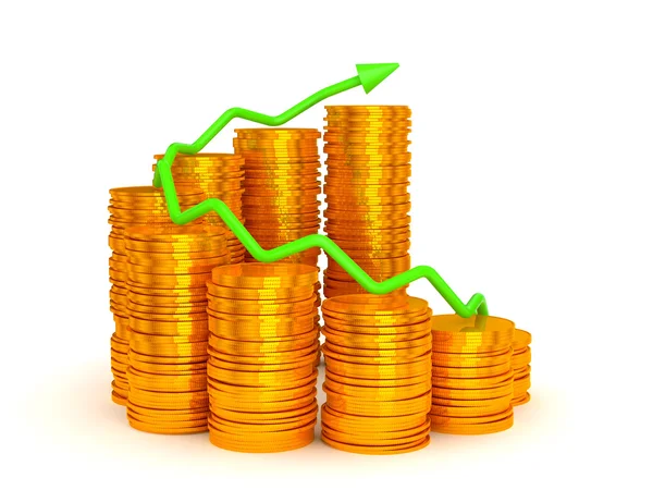 Crecimiento y éxito: gráfico verde sobre pilas de monedas — Foto de Stock