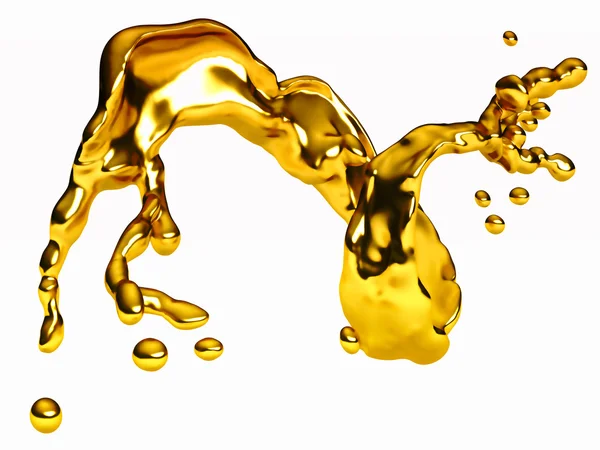 Spritzer goldene Flüssigkeit mit Tröpfchen über weißem — Stockfoto