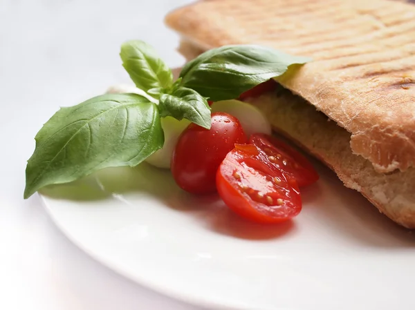 Sandwich de panini a la parrilla con tomates, queso mozzarella y bas —  Fotos de Stock
