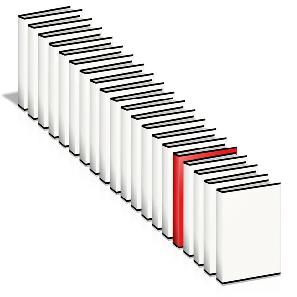 Många böcker, bara en röd. — Stockfoto