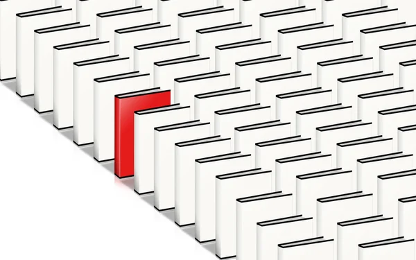 Vele boeken, slechts één rood. — Stockfoto