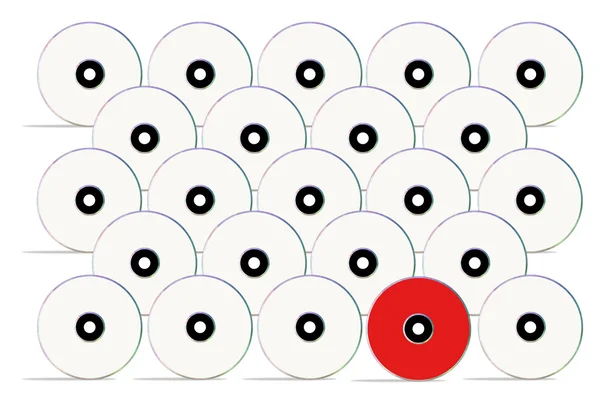 Veel dvd's, slechts één rood. — Stockfoto
