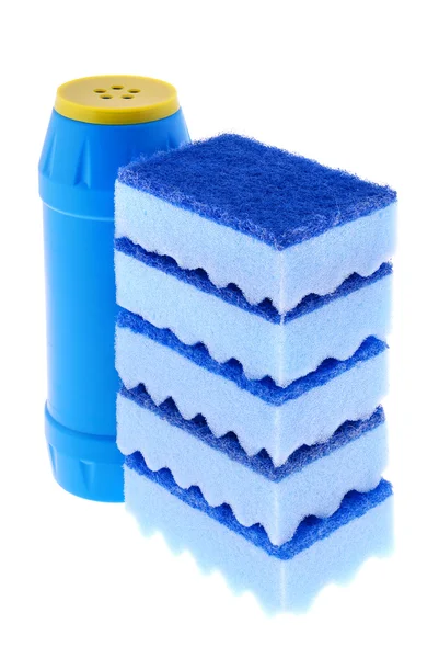 Esponjas e uma garrafa de um limpador — Fotografia de Stock