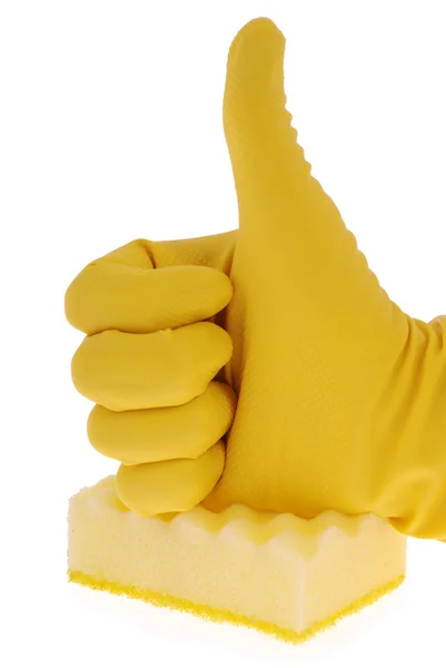 Rubberen handschoen en gele spons — Stockfoto