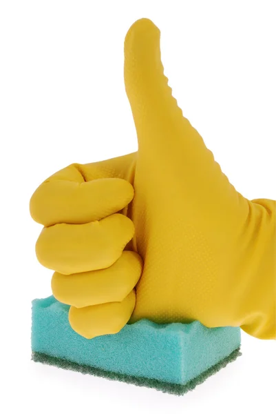 Rubberen handschoen en groene spons — Stockfoto