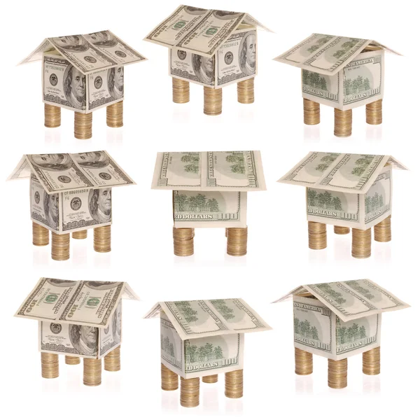 Nine house from dollars costs on coins. Flood Insurance. On whit — Stock Photo, Image