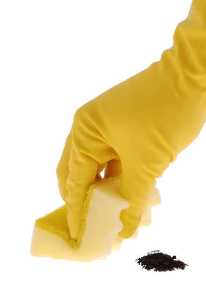 Rubberen handschoen en gele spons — Stockfoto