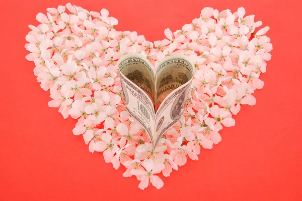 Dollar from heart on heart made of flowers — Stock Photo, Image