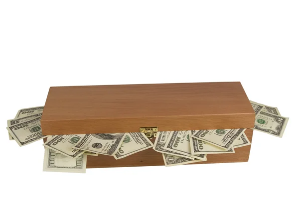 Дерев'яна коробка з грошима — стокове фото