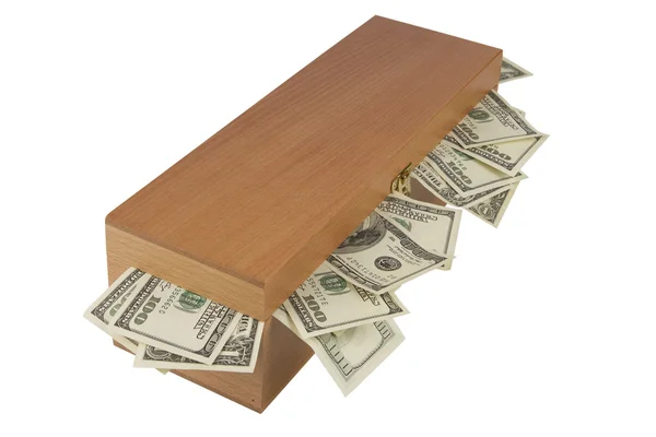 Деревянный ящик с деньгами — стоковое фото