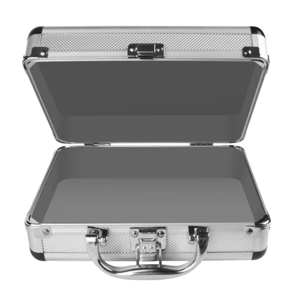 Открытый алюминиевый чемодан — стоковое фото