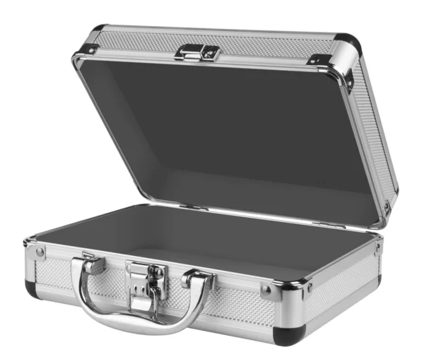 Открытый алюминиевый чемодан — стоковое фото