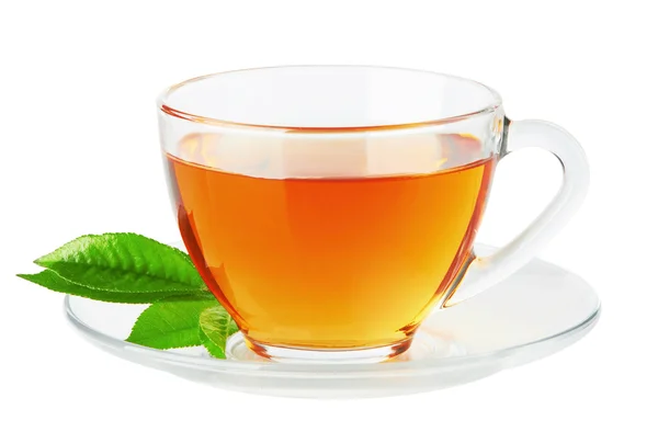 Tasse mit Tee und grünem Blatt — Stockfoto
