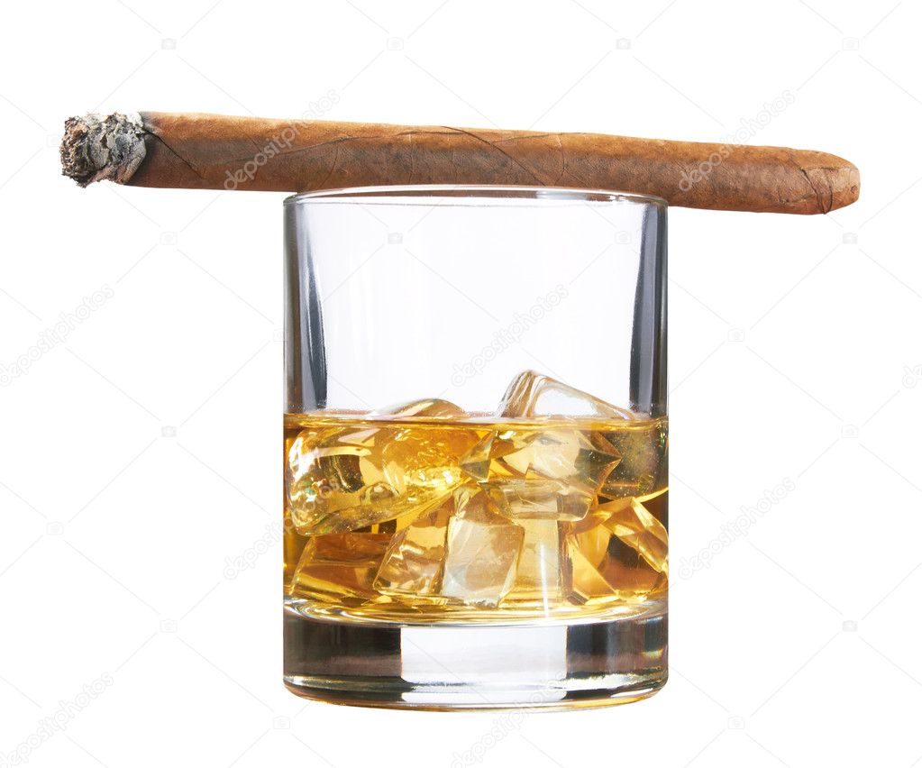 Whiskey with ice cubes and cigar, isolated on white