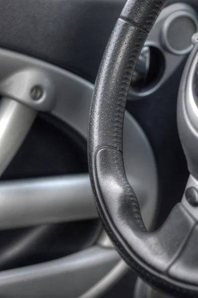 stock image Close Up of Leather Car Steering Wheel and Door Detail