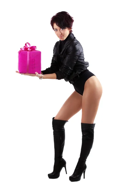 Young woman holding a red giftbox — Stock Photo, Image