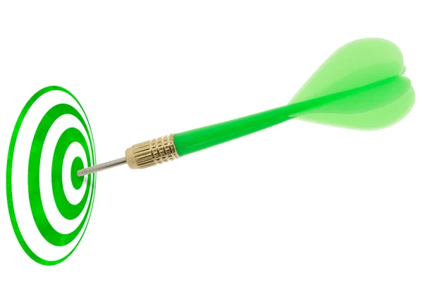 Green dart hitting target center . — Stock Photo, Image