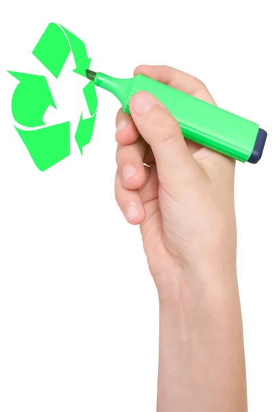 Χέρι τραβάει φύλλα σύμβολο ανακύκλωσης. — Φωτογραφία Αρχείου