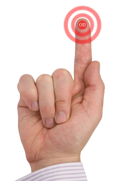 Mann-Finger "auf" Button drücken. — Stockfoto