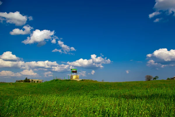 Legno bene contro il campo verde e cielo blu — Foto Stock