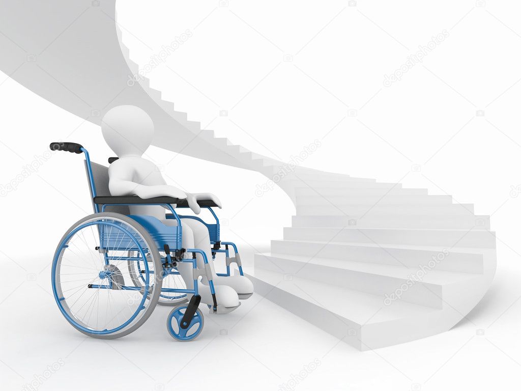 Men with wheelchair and stairs. Difficult decision
