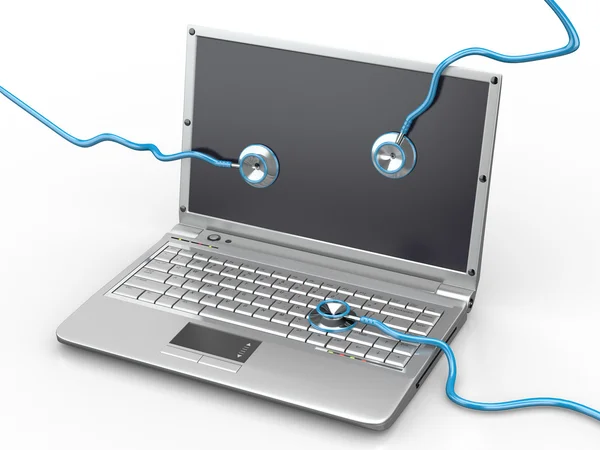 Servizio per la riparazione di laptop. Laptop e stetoscopio — Foto Stock