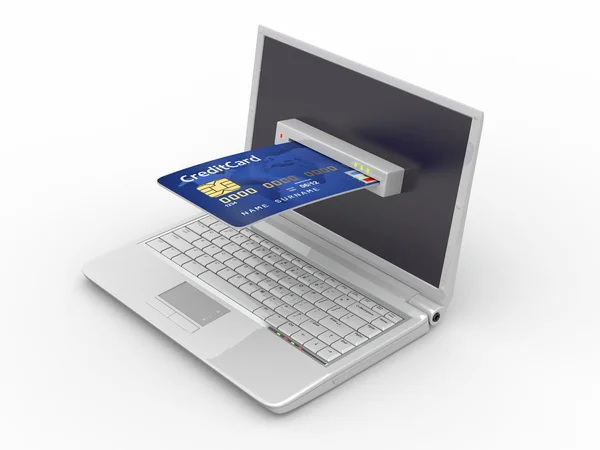 Comercio electrónico. Ordenador portátil y tarjeta de crédito . — Foto de Stock