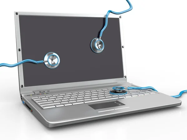 Servizio per la riparazione di laptop. Laptop e stetoscopio — Foto Stock