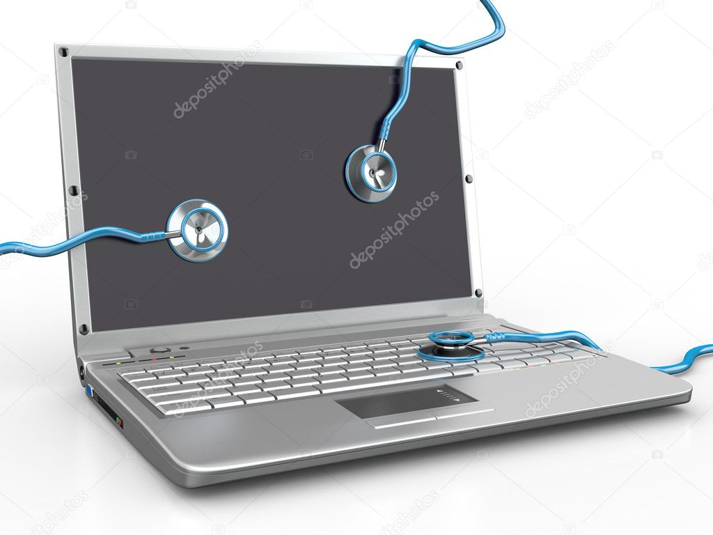 Service for laptop repair. Laptop and stethoscope