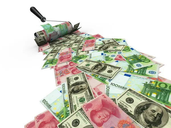 Roller brush with dollar, euro and yuan — Stock Photo, Image