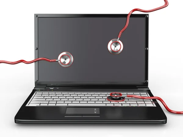 Service für Laptop-Reparatur. Laptop und Stethoskop — Stockfoto