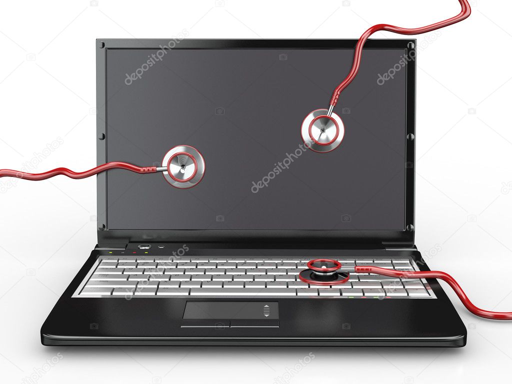 Service for laptop repair. Laptop and stethoscope