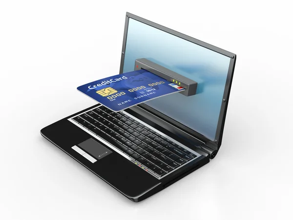 Comercio electrónico. Ordenador portátil y tarjeta de crédito . — Foto de Stock