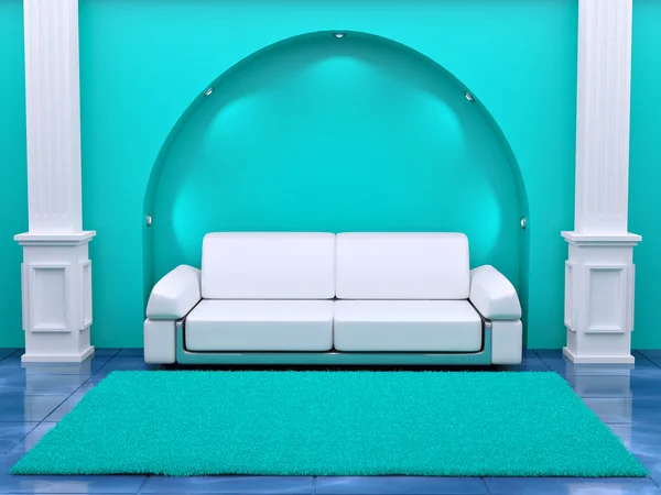 Inteiror. Sofa between the columns in blue room — Stock Photo, Image
