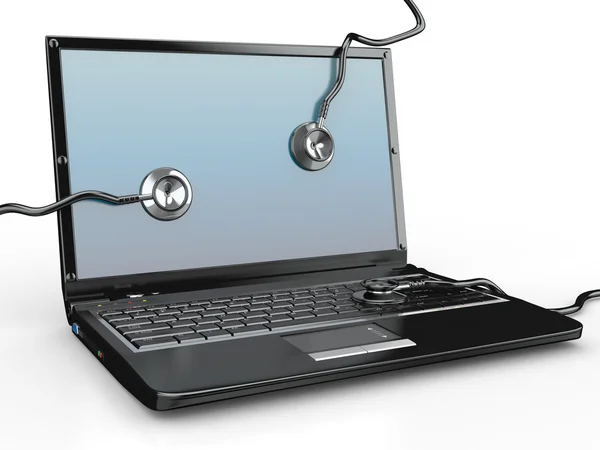 Υπηρεσία για laptop επισκευή. lap-top και στηθοσκόπιο — Φωτογραφία Αρχείου