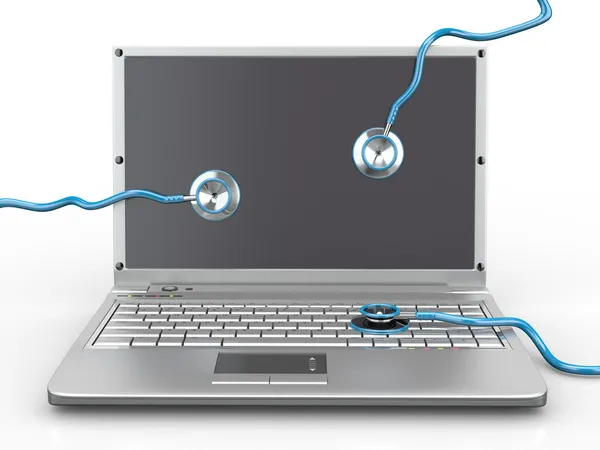 Service för laptop reparation. laptop och stetoskop — Stockfoto