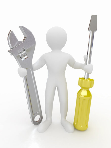 Men with wrench and screwdriver on white isolated background. 3d