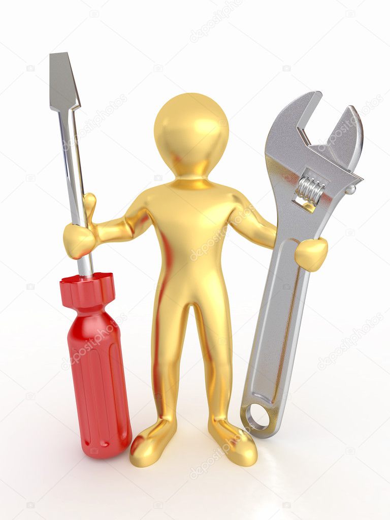 Men with wrench and screwdriver. 3d