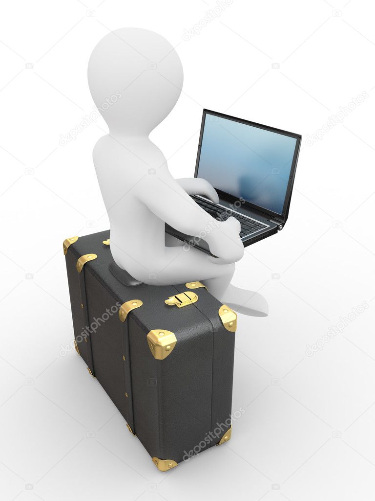 Man with laptop on the luggage