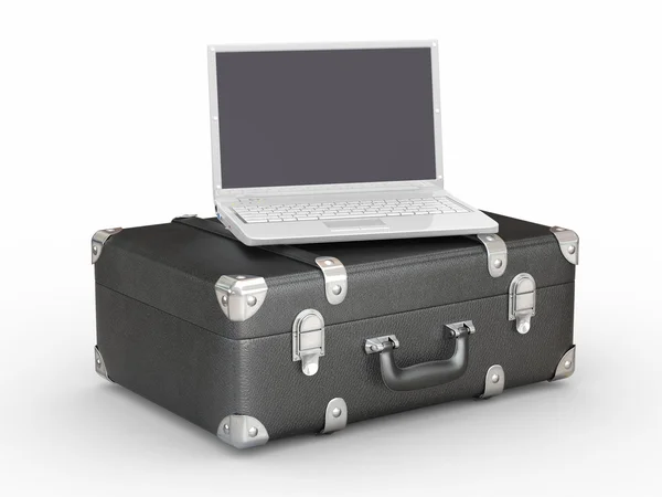 Laptop e valigia su sfondo bianco isolato — Foto Stock