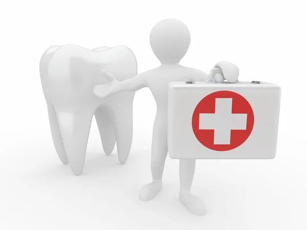 口腔科医师临床工作。牙和男子与医疗工具包 — 图库照片