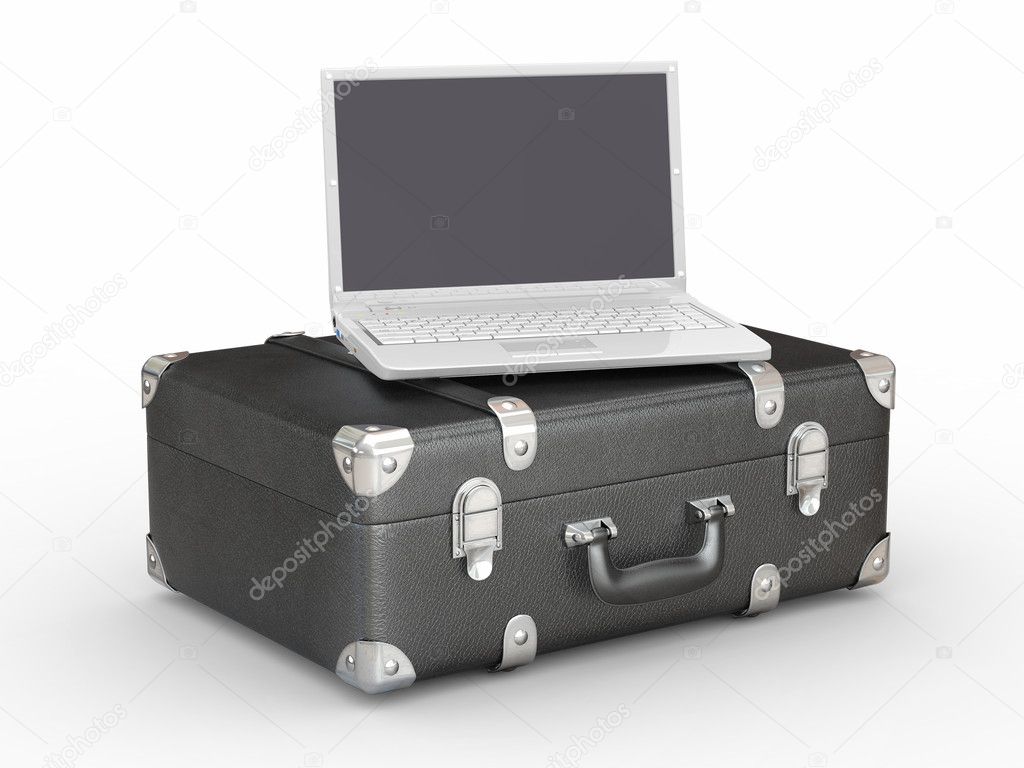 Laptop and suitcase on white isolated background