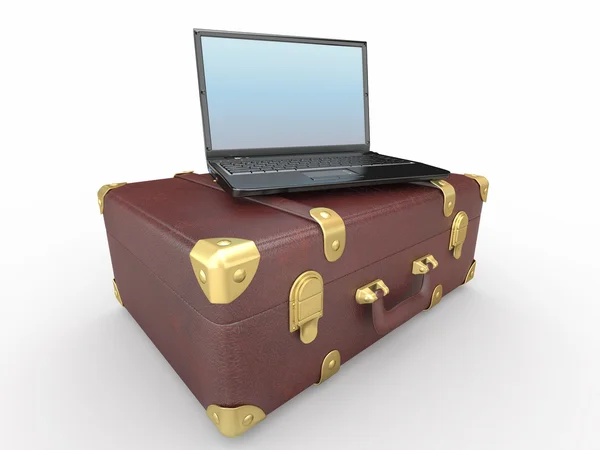 Laptop und Koffer auf weißem isolierten Hintergrund — Stockfoto
