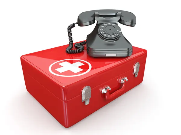 Helpline.Services. Phone on medical kit — Stock Photo, Image