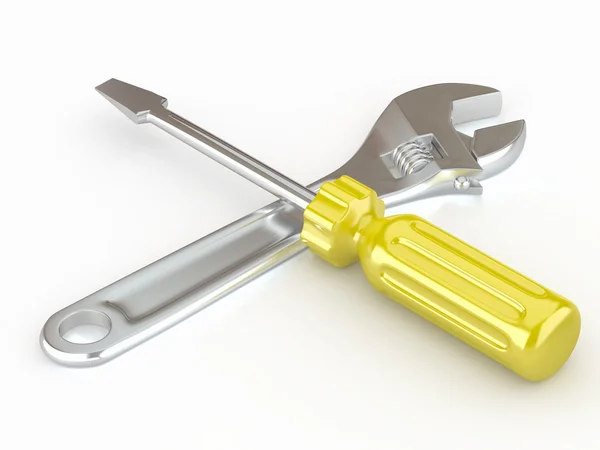Γαλλικό κλειδί και το κατσαβίδι. εργαλεία. 3D — Φωτογραφία Αρχείου