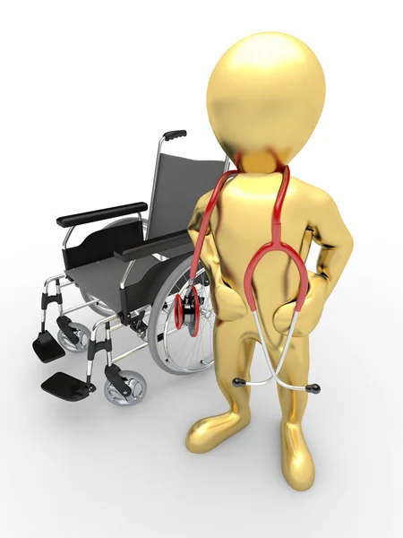 Médico com estetoscópio e cadeira de rodas — Fotografia de Stock