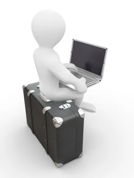 Ember-a laptop, a poggyász — Stock Fotó