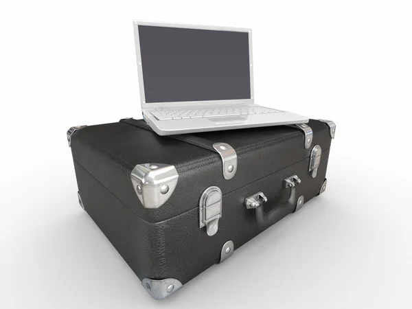 Laptop ve bavul beyaz izole arka planda — Stok fotoğraf