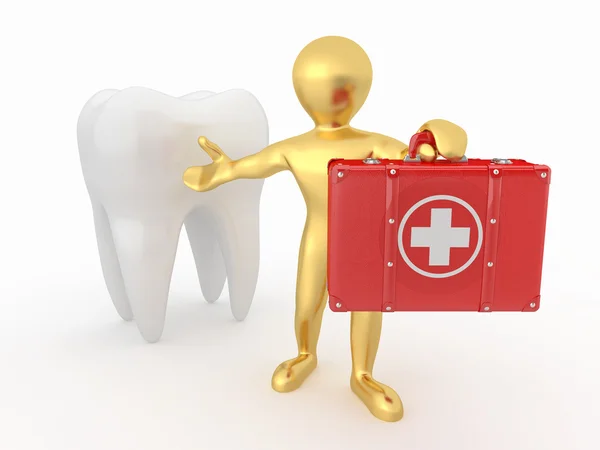 Estomatologista. Dente e homens com kit médico — Fotografia de Stock